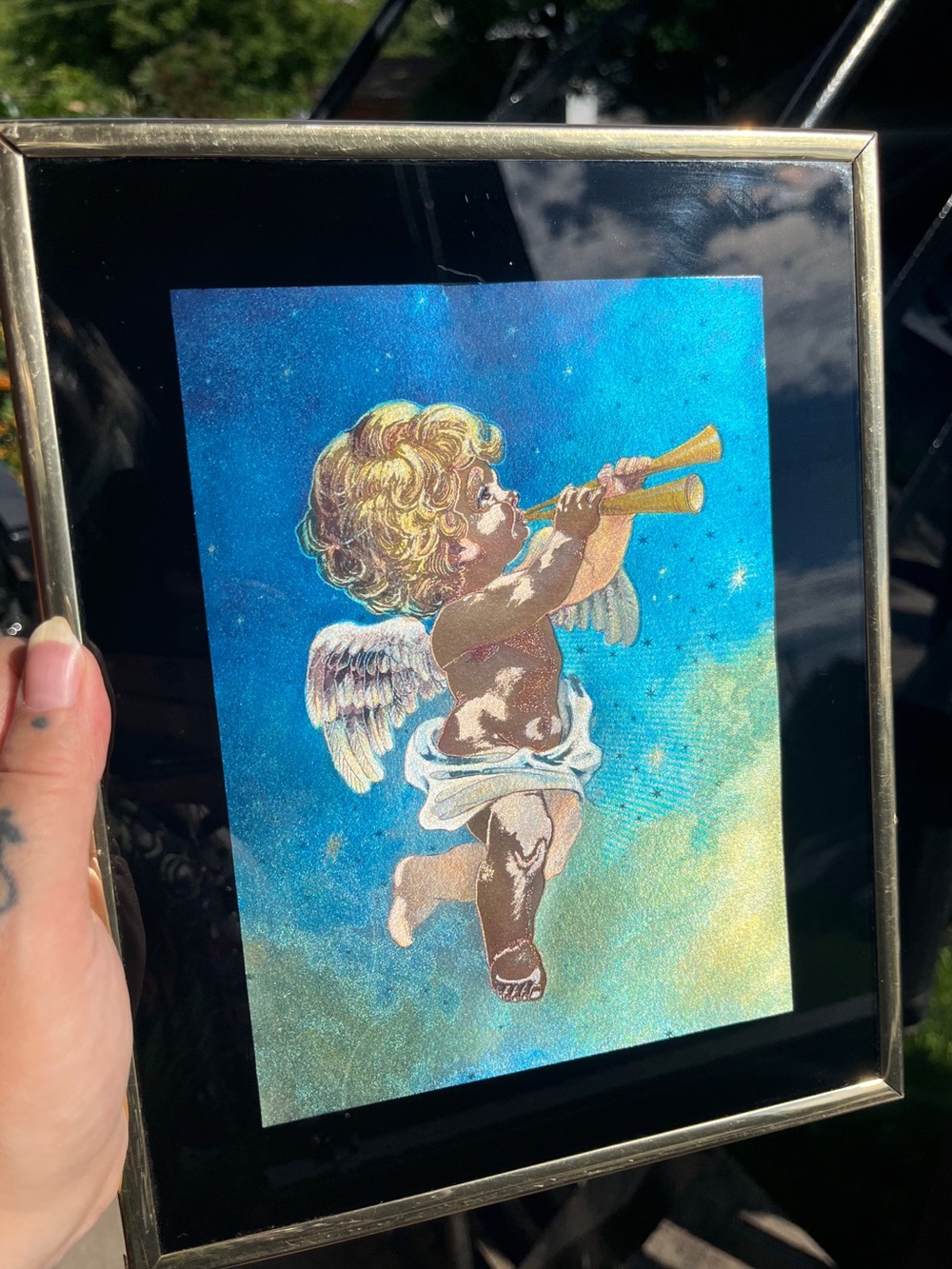 Vintage 1990s Holographic Cherub Angel Wall Foil Art Framed Heavenly Victorian - Picture 4 of 10